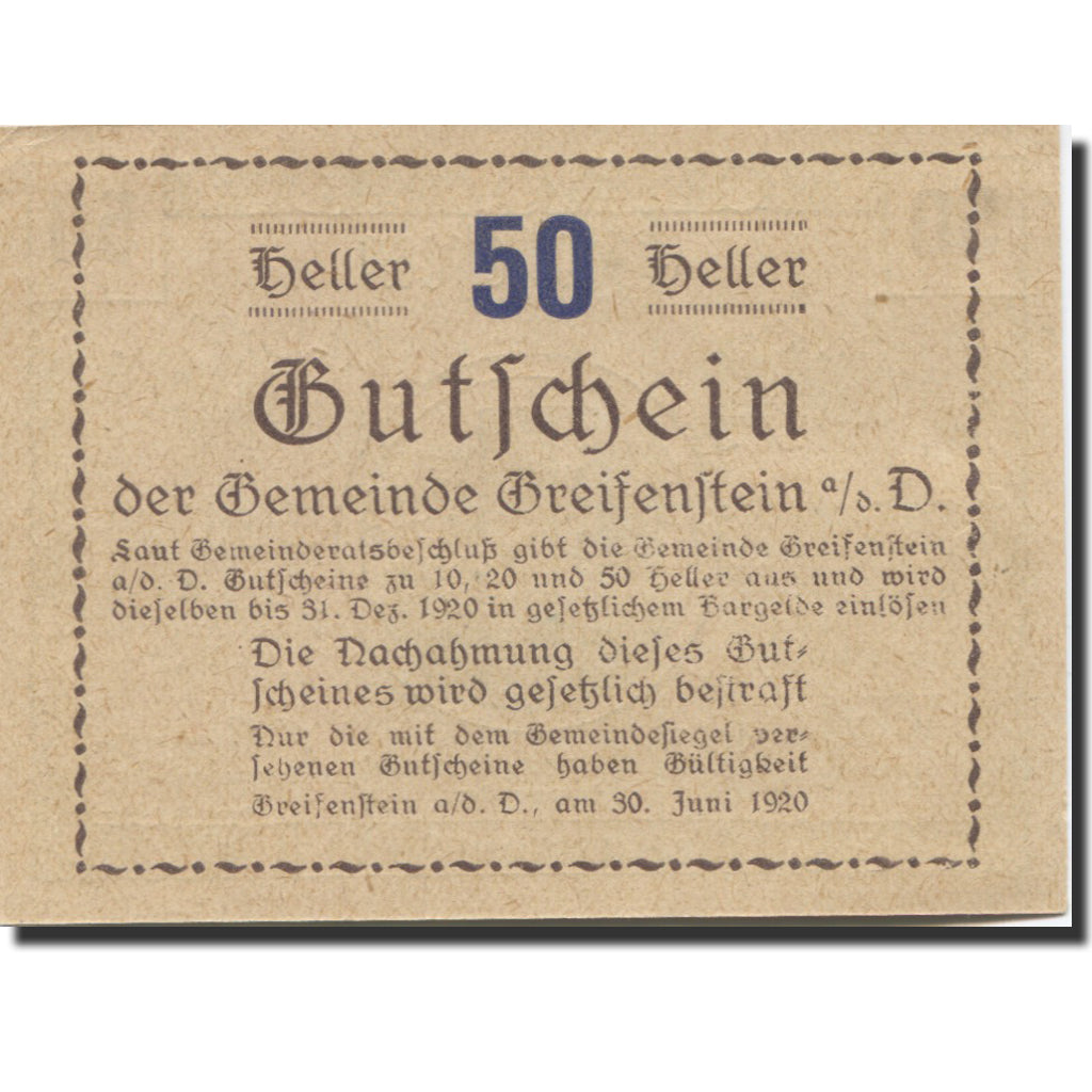 Banknote, Austria, Greifenstein, 50 Heller, château, 1920 UNC(63) Mehl:FS 818I
