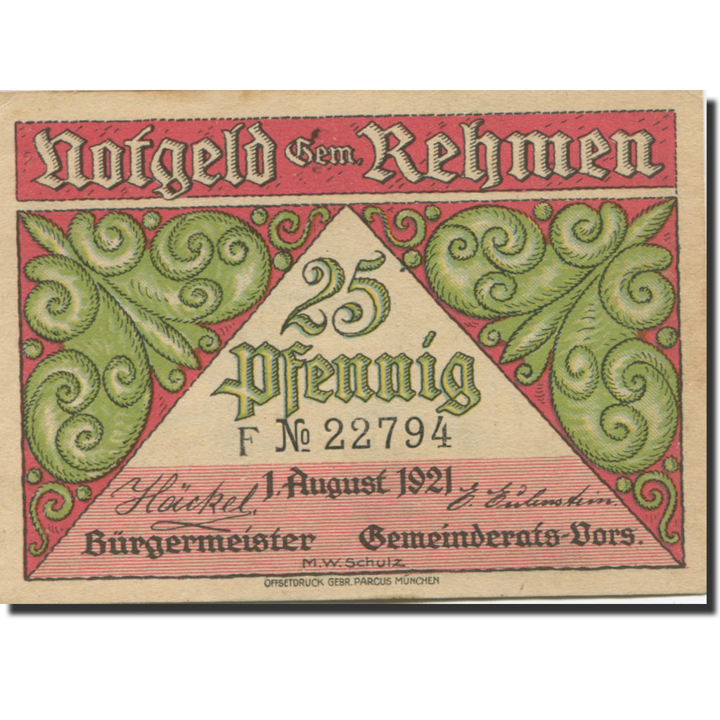 Banconote, Germania, Rehmen, 25 Pfennig, étang, 1921, SPL- Mehl:1108.1