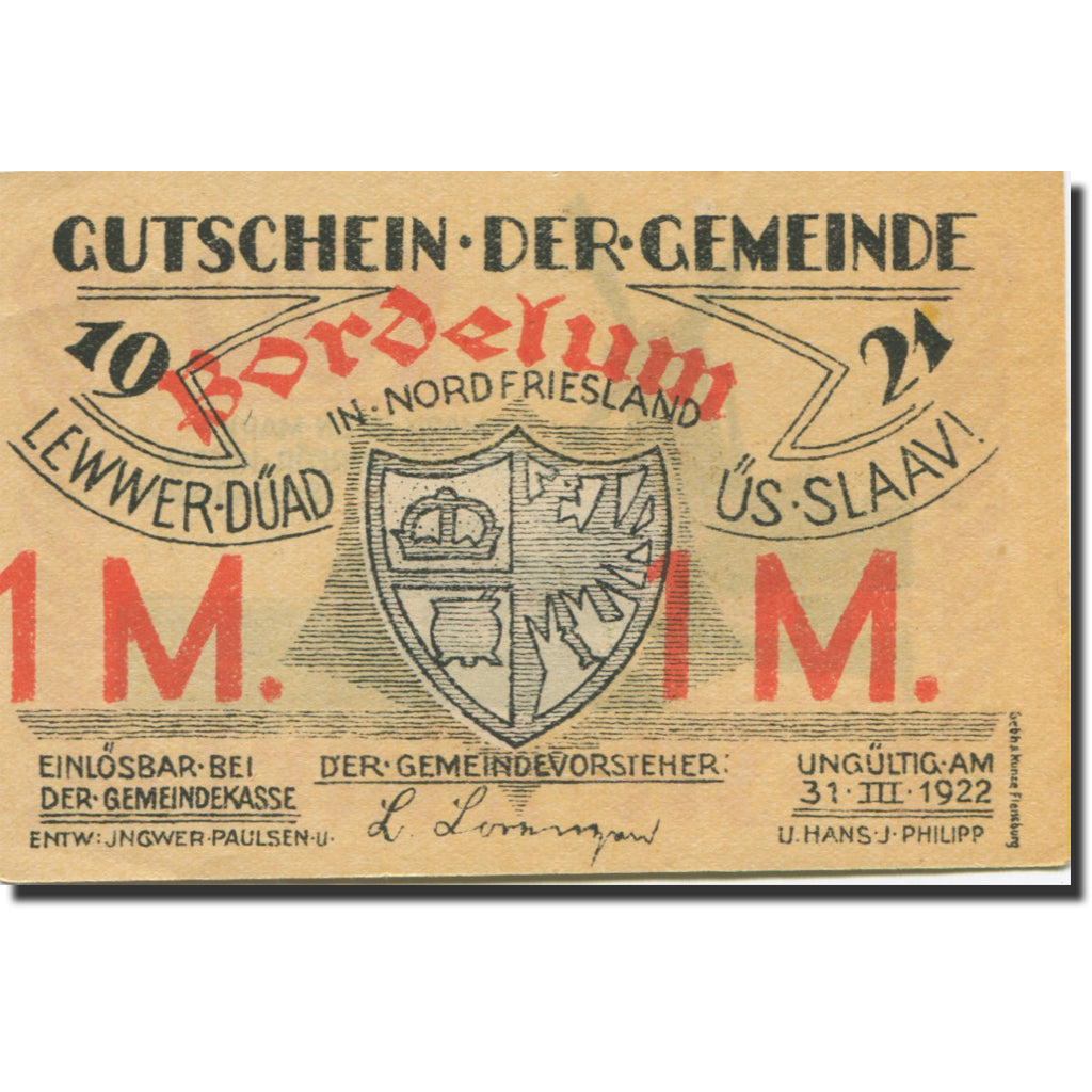 Banknote, Germany, Bordelum, 1 Mark, moulin, 1922, 1922-03-31, KM:143.1
