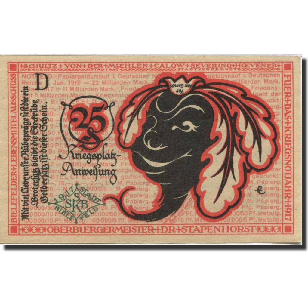Banknote, Germany, Bielefeld, 25 Pfennig, personnage, 1919 UNC(63) Mehl:B44.1d