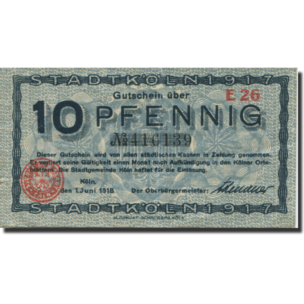 Banknote, Germany, Köln, 10 Pfennig, Monument, 1918 EF(40-45) Mehl:K30.4a
