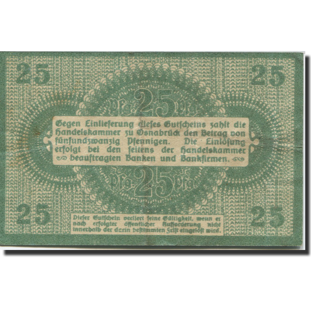 Nota, Alemanha, Osnabruck, 25 Pfennig, valeur faciale, 1917 TTB Mehl:1029