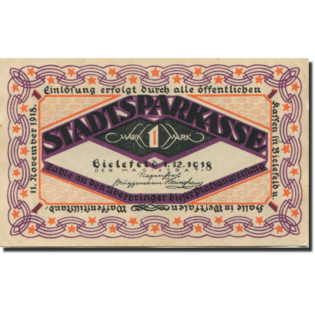 Banknote, Germany, Bielefeld, 1 Mark, personnage, 1918, AU(55-58) Mehl:103.1