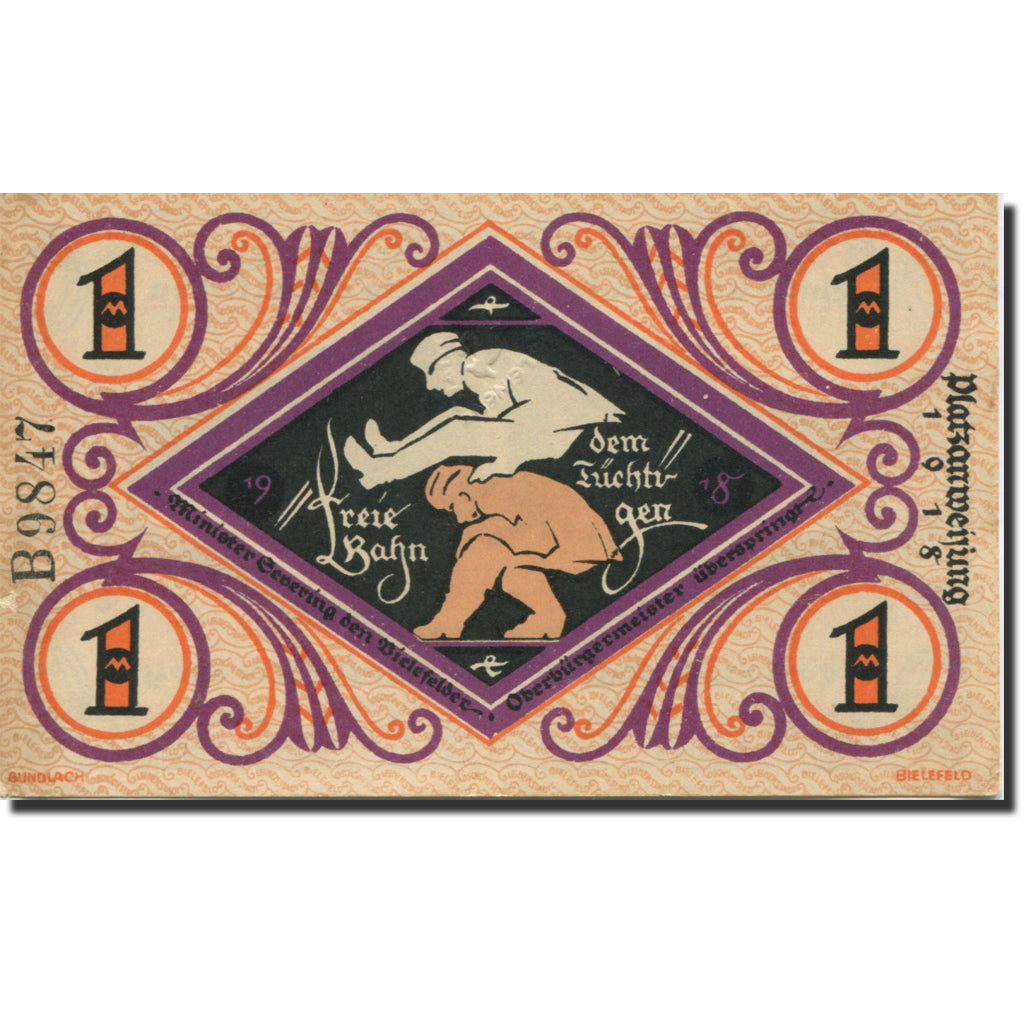Banknote, Germany, Bielefeld, 1 Mark, personnage, 1918, AU(55-58) Mehl:103.1