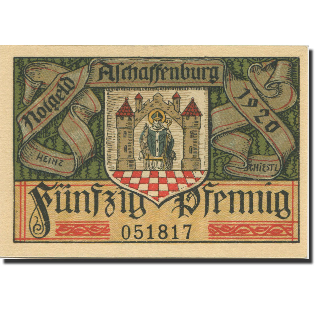Banknote, Germany, Aschaffenburg, 50 Pfennig, château, 1920, UNC(63) Mehl:A28.5a