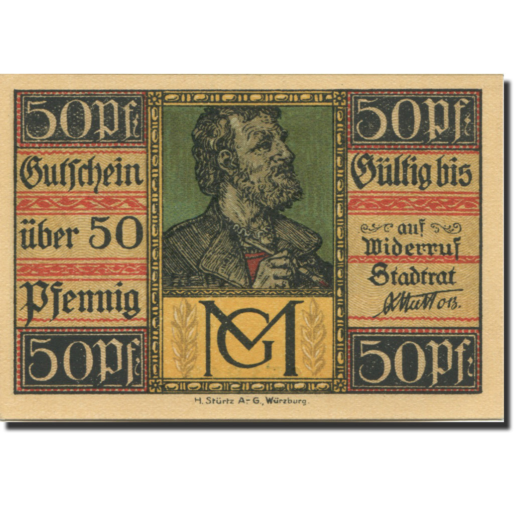 Banknote, Germany, Aschaffenburg, 50 Pfennig, château, 1920, UNC(63) Mehl:A28.5a