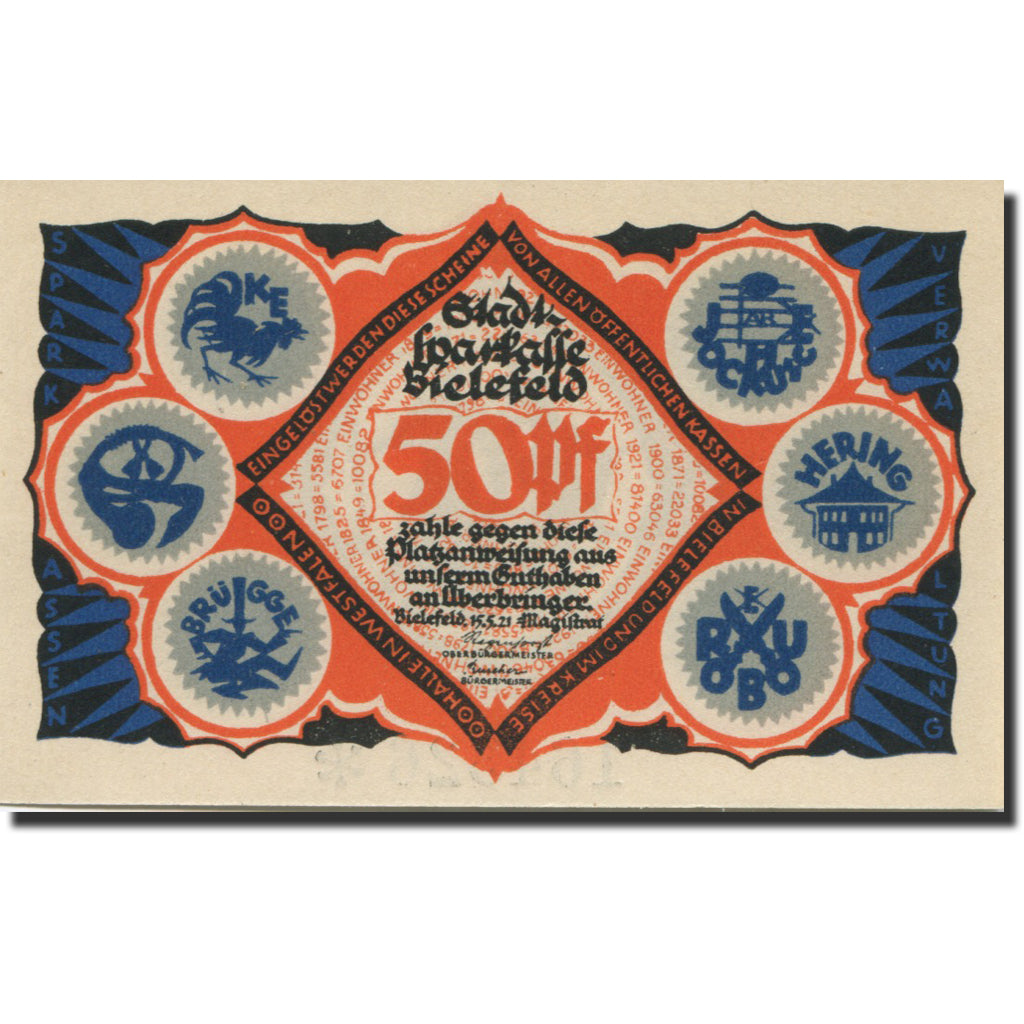 Banknote, Germany, Bielefeld, 50 Pfennig, personnage, 1921 UNC(63) Mehl:103.5
