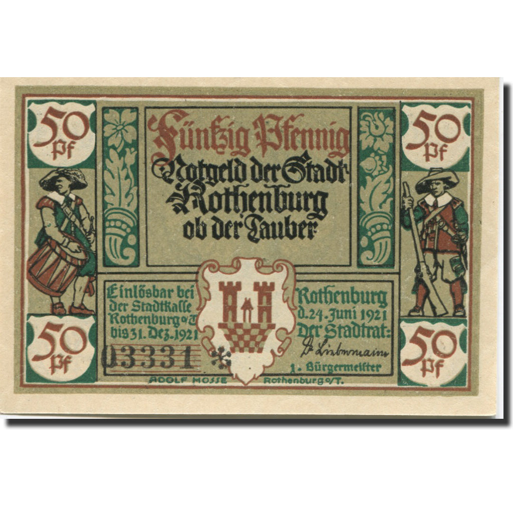 Billet, Allemagne, Rothenburg, 50 Pfennig, personnage 1, 1921, SPL Mehl:1142.2