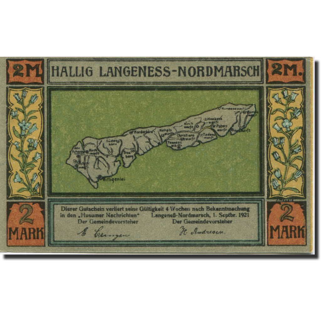 Banknote, Germany, Langeness, 2 Mark, carte, 1921 UNC(63) Mehl:767.1