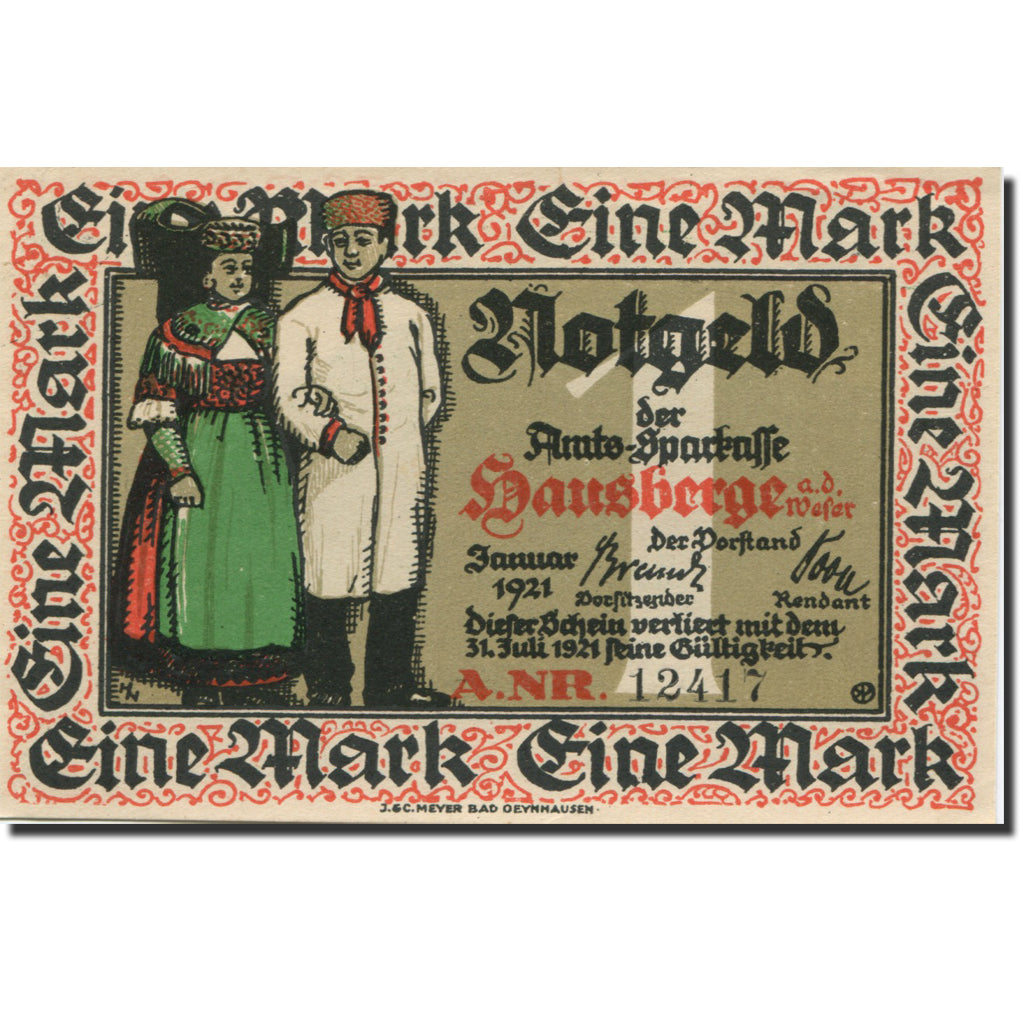 Billet, Allemagne, Hausberge, 1 Mark, personnage, 1921 SPLMehl:585.1a