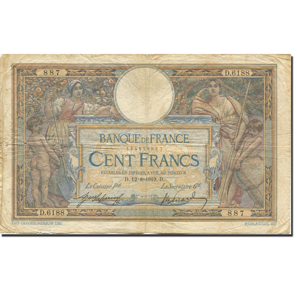 France, 100 Francs, Luc Olivier Merson, 1906, 1919-08-12, VF(30-35)
