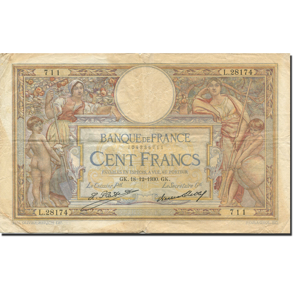 France, 100 Francs, Luc Olivier Merson, 1906, 1930-12-18, TB+, Fayette:24.9