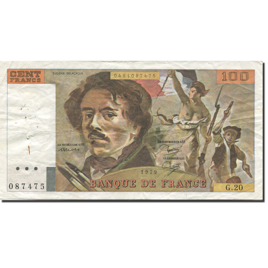 França, 100 Francs, Delacroix, 1978, 1979, EF(40-45), Fayette:69.03, KM:154b