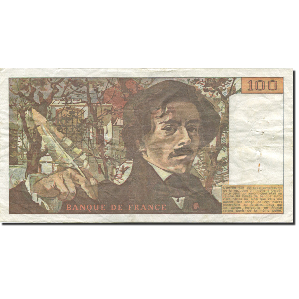 França, 100 Francs, Delacroix, 1978, 1979, EF(40-45), Fayette:69.03, KM:154b