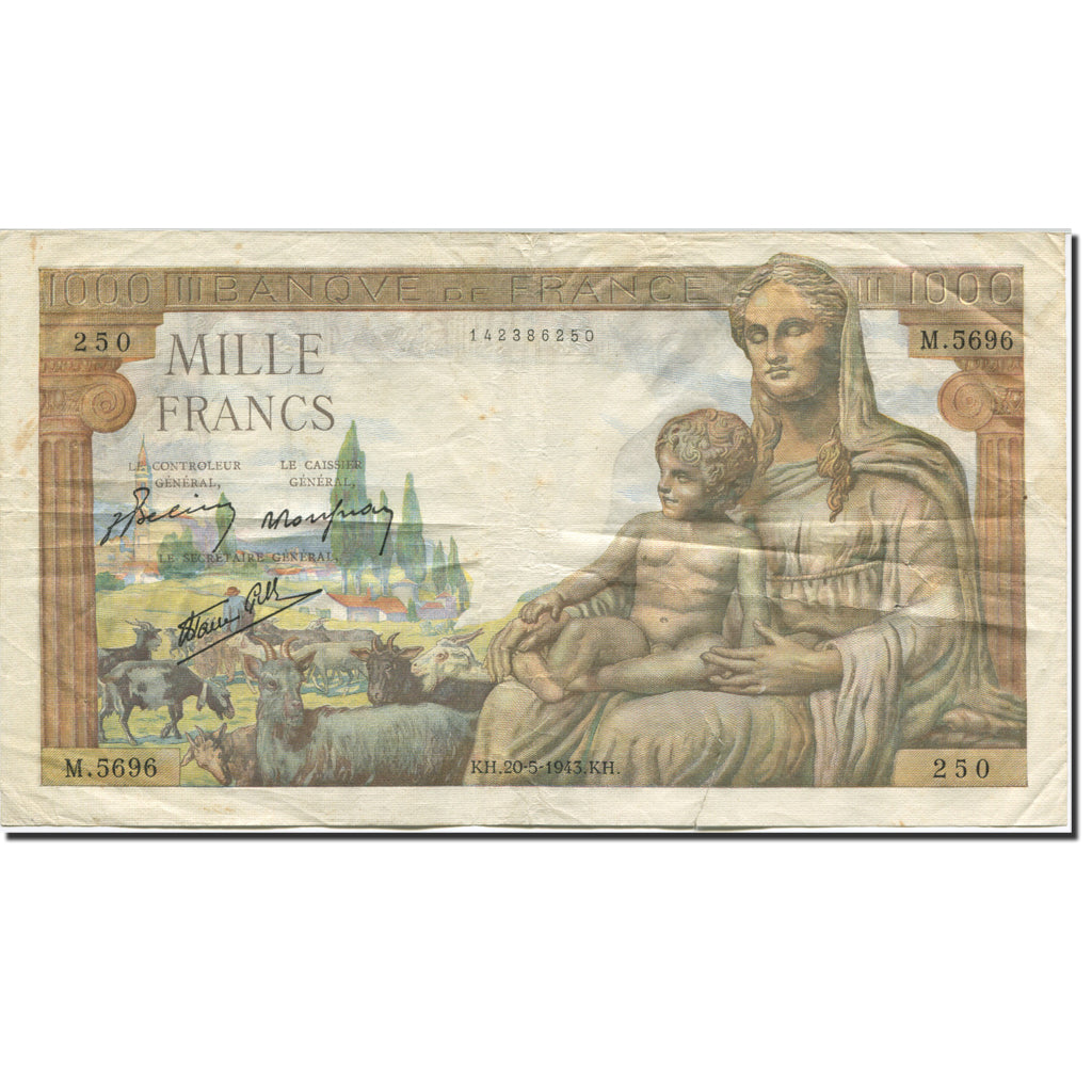 Francia, 1000 Francs, Déesse Déméter, 1942, 1943-05-20, MBC, Fay:40.24 KM:102