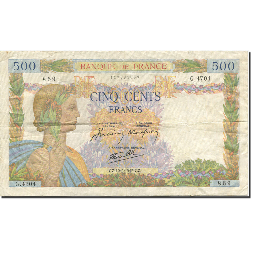 France, 500 Francs, La Paix, 1939, 1942-02-12, TB+, Fayette:32.29, KM:95b