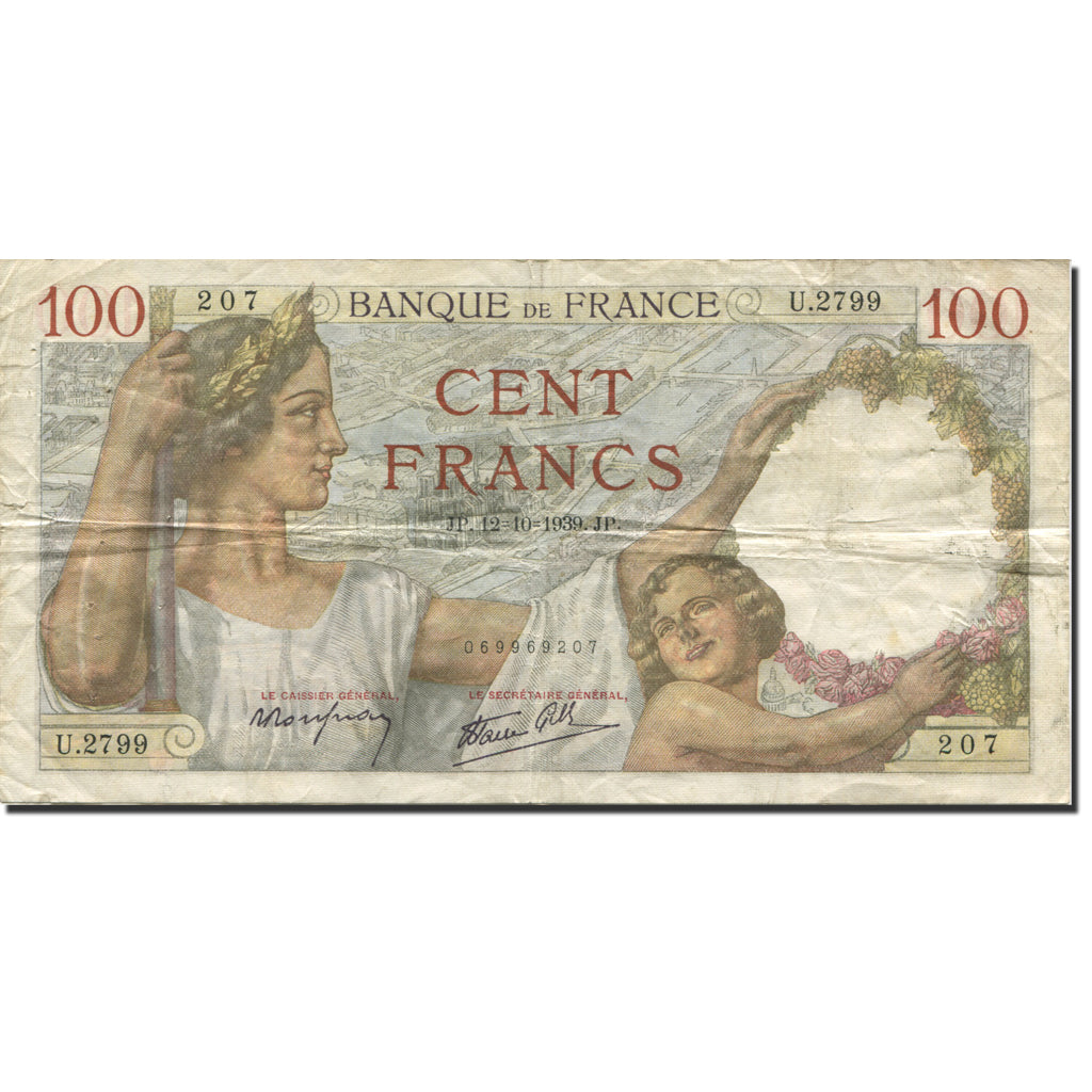 França, 100 Francs, Sully, 1939, 1939-10-12, VF(20-25), Fayette:26.10, KM:94