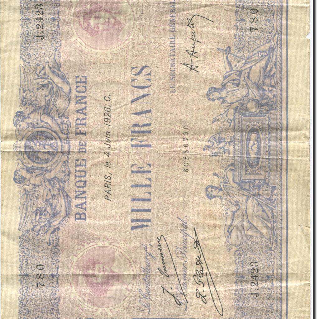 Francia, 1000 Francs, Bleu et Rose, 1889, 1926-06-04, B+, Fayette:36.42, KM:67j