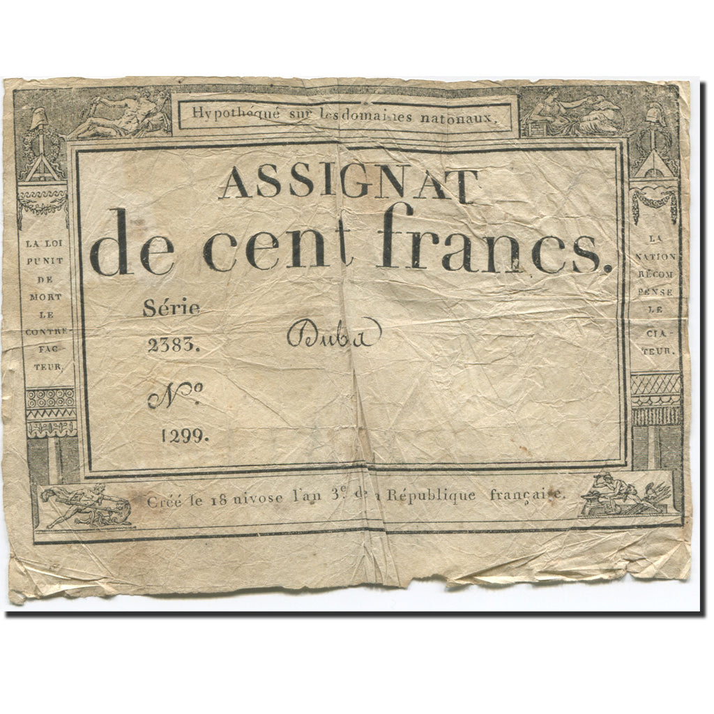 France, 100 Francs, 1795, Dubra, 18 Nivose An III (7.1.1795)., B+, KM:A78