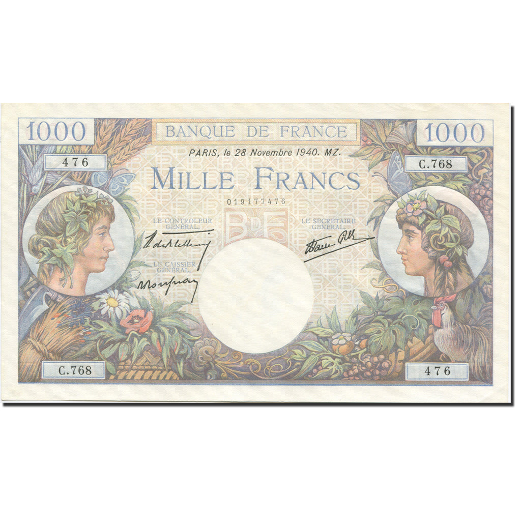 France, 1000 Francs, Commerce et Industrie, 1940-11-28, UNC(63) Fay:39.2 KM:96a