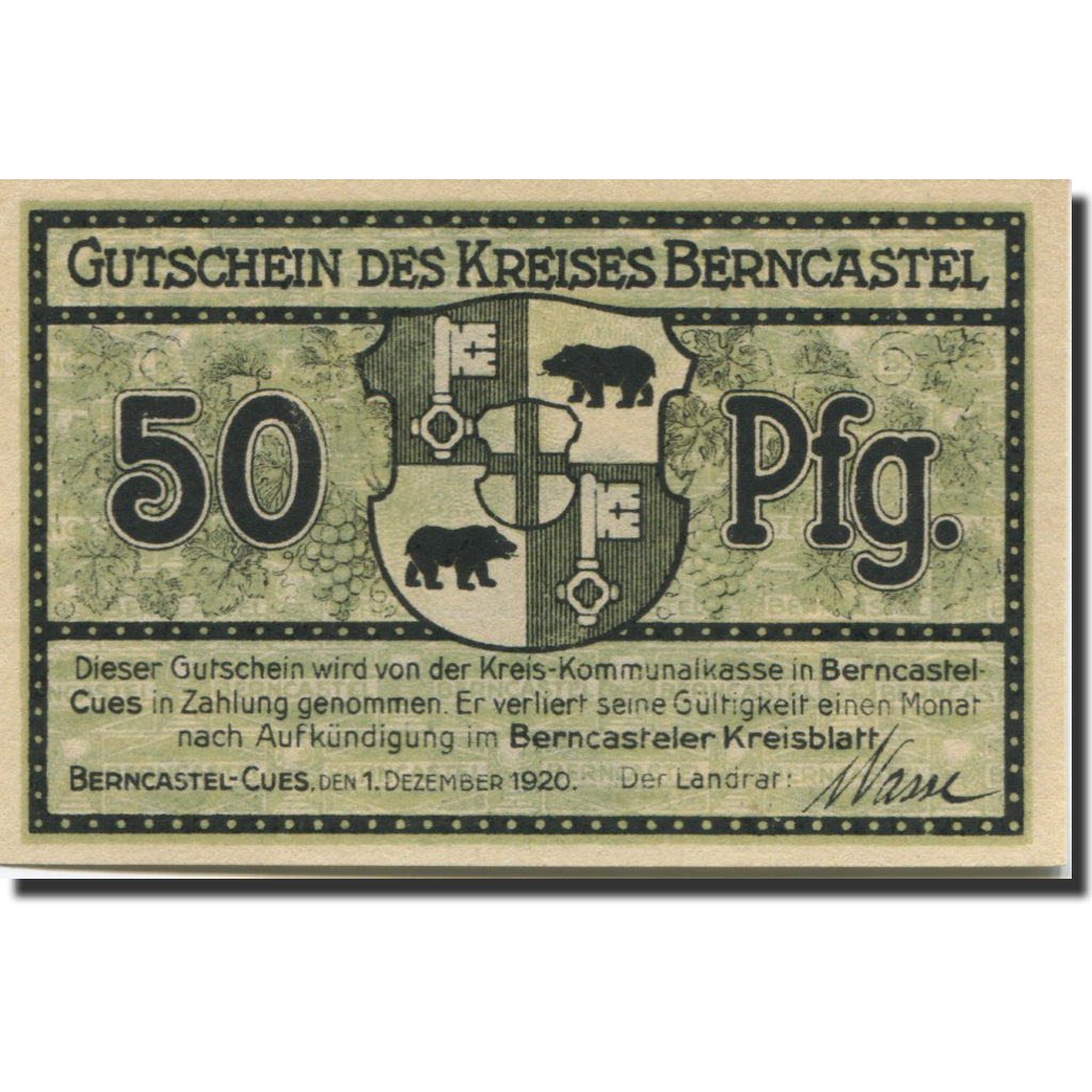 Banknote, Germany, Berncastel, 50 Pfennig, Blason, 1920 UNC(63) Mehl:33.1b