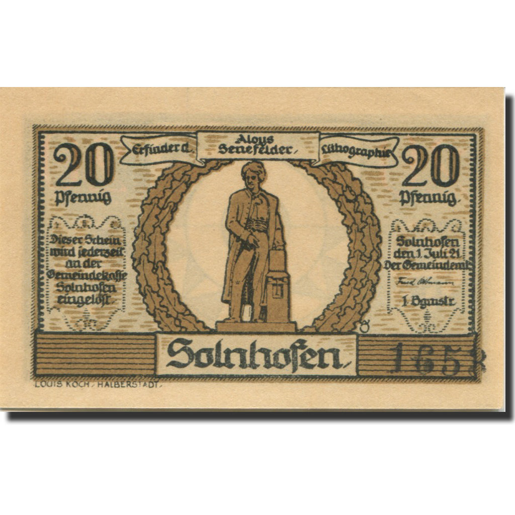 Geldschein, Deutschland, Solnhofen, 20Pfennig, personnage, 1921 UNZ- Mehl:1236.1