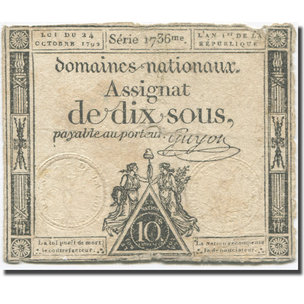France, 10 Sous, 1792, Guyon, 1792-10-24, TB, KM:A64a