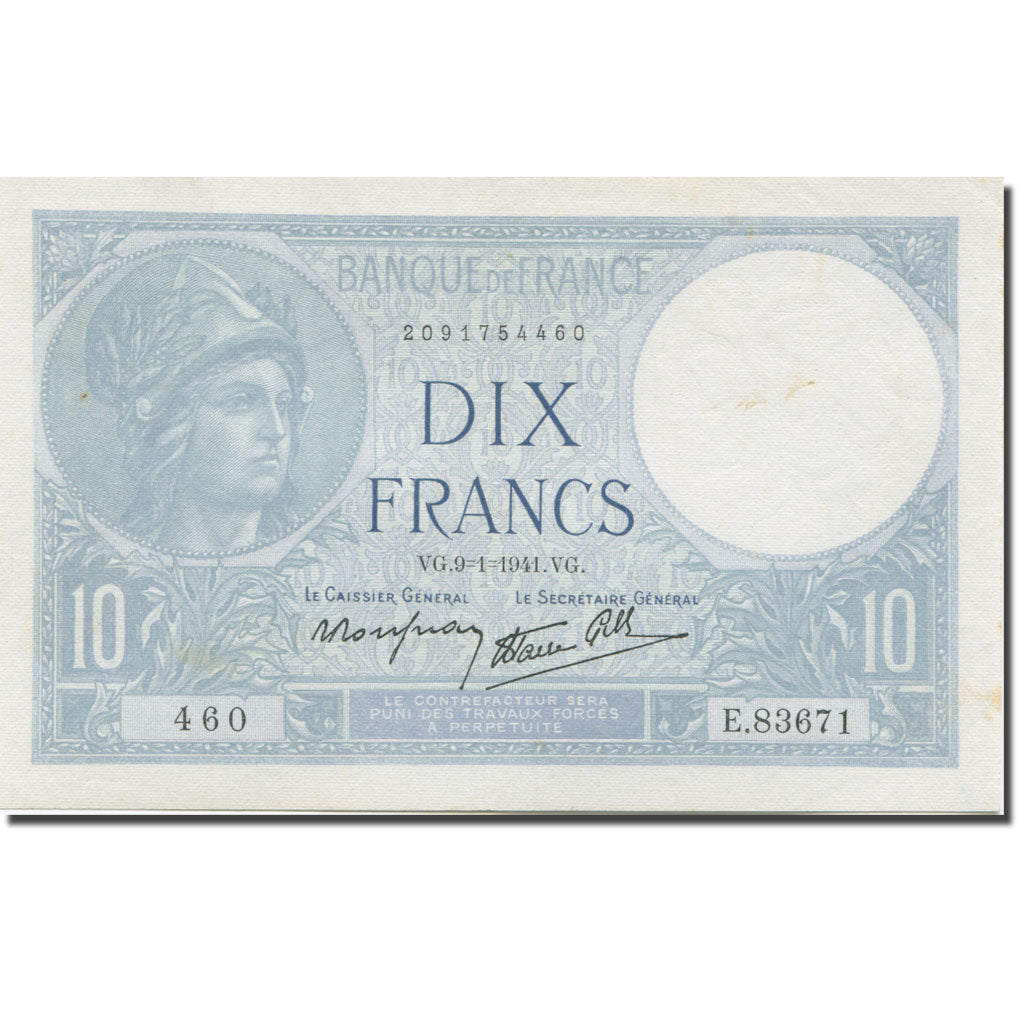 Francia, 10 Francs, Minerve, 1941, 1941-01-09, SPL-, Fayette:07.27, KM:84