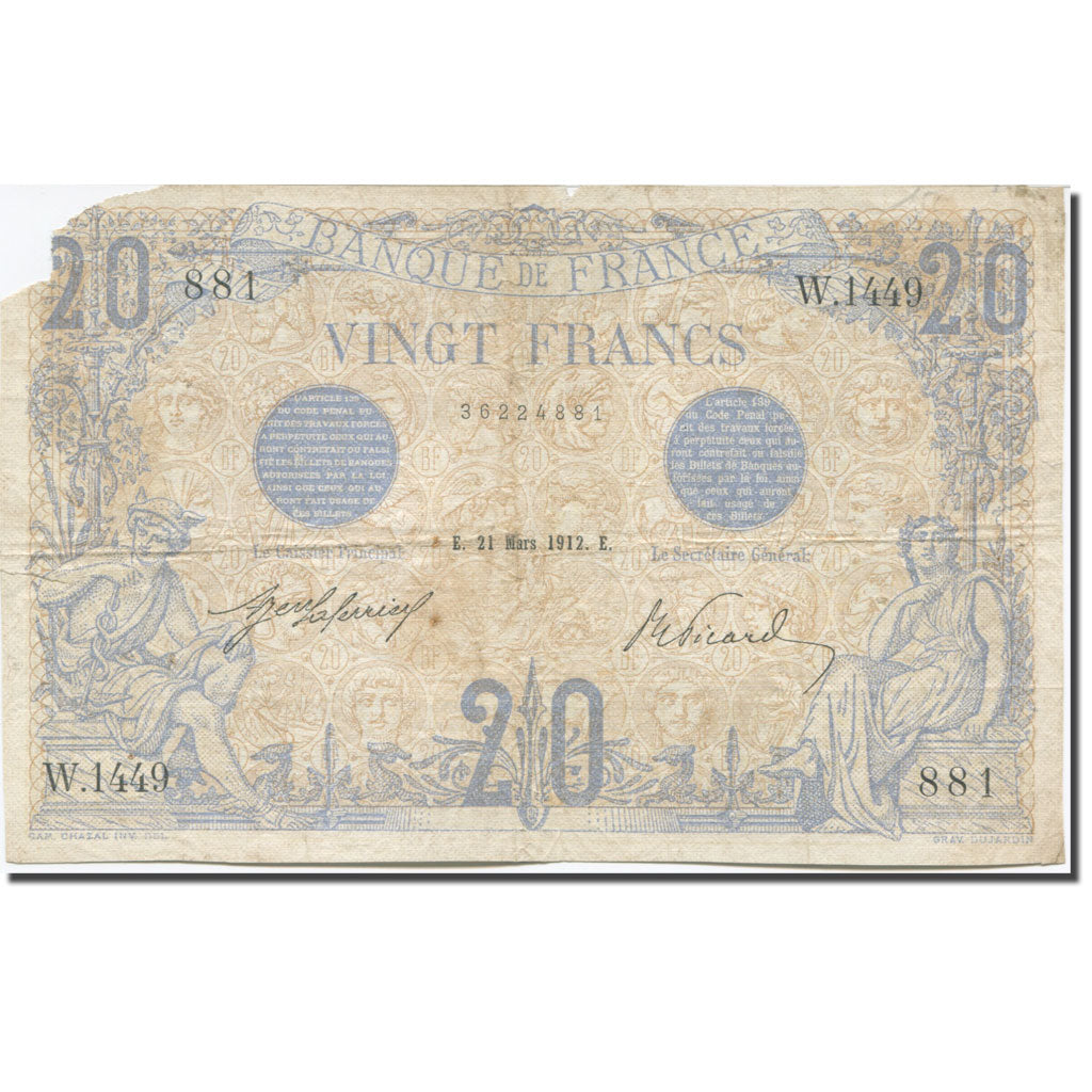 Francia, 20 Francs, Bleu, 1912, 1912-03-21, RC, Fayette:10.02, KM:68b