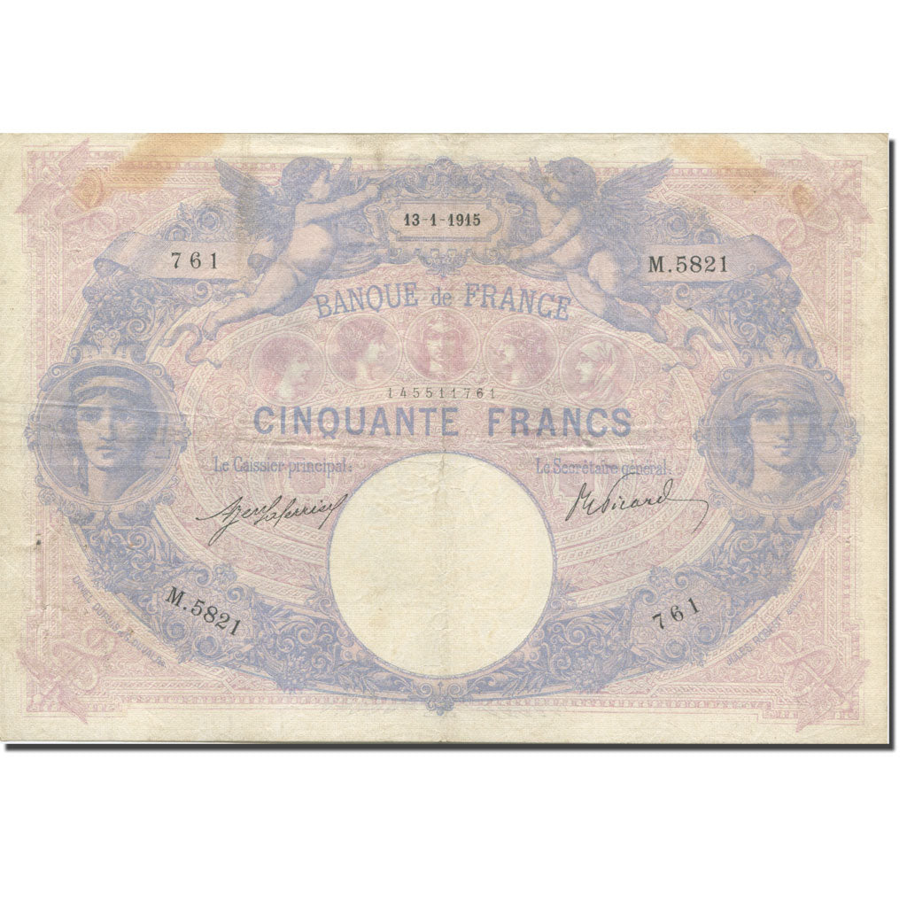 France, 50 Francs, Bleu et Rose, 1889, 1915-01-13, VF(20-25), Fayette:14.28