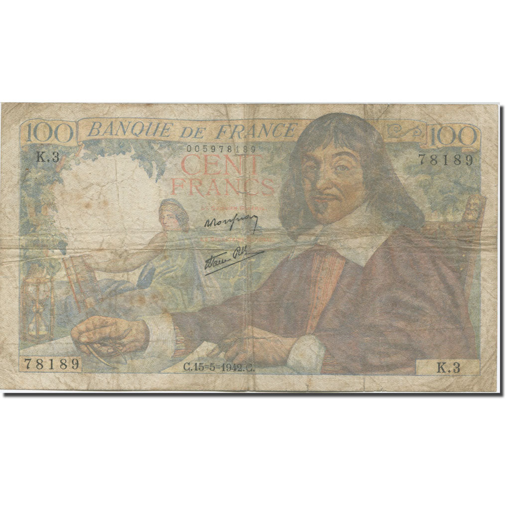 France, 100 Francs, Descartes, 1942, 1942-05-15, B, Fayette:27.01, KM:101a