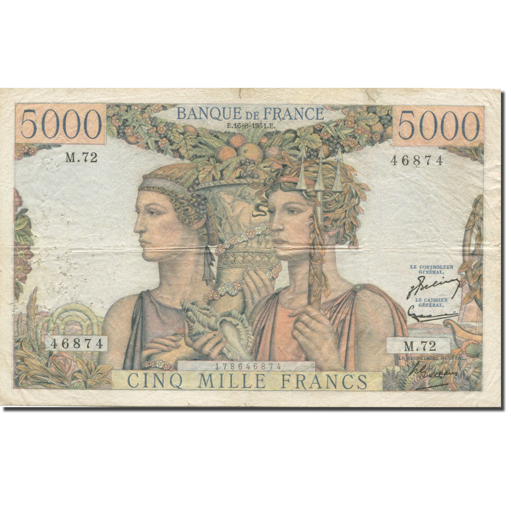 Frankrijk, 5000 Francs, Terre et Mer, 1949, 1951-08-16, TB+, Fayette:48.05