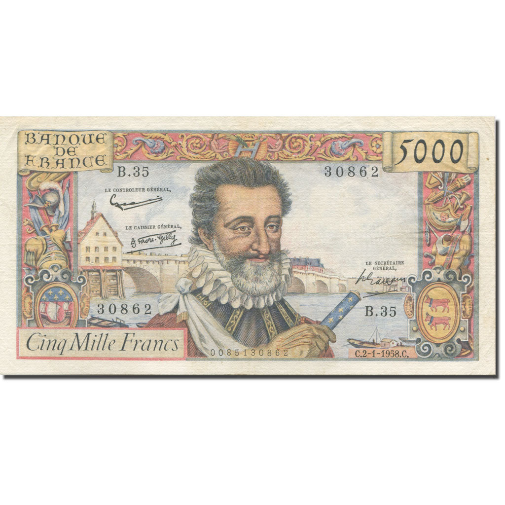 Francia, 5000 Francs, Henri IV, 1957, 1958-01-02, BB+, Fayette:49.05, KM:135a