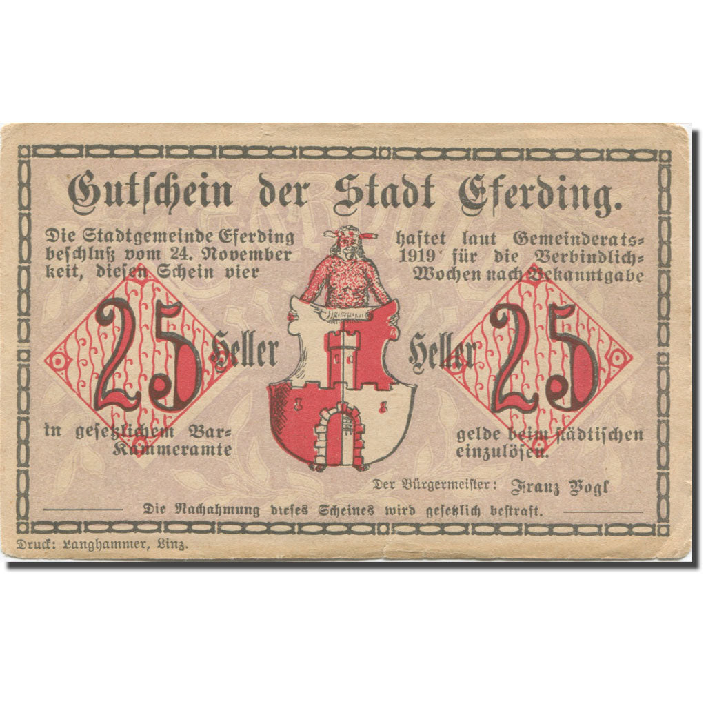 Banknote, Austria, Eferding, 25 Heller, Blason, 1919 EF(40-45) Mehl:FS 152I