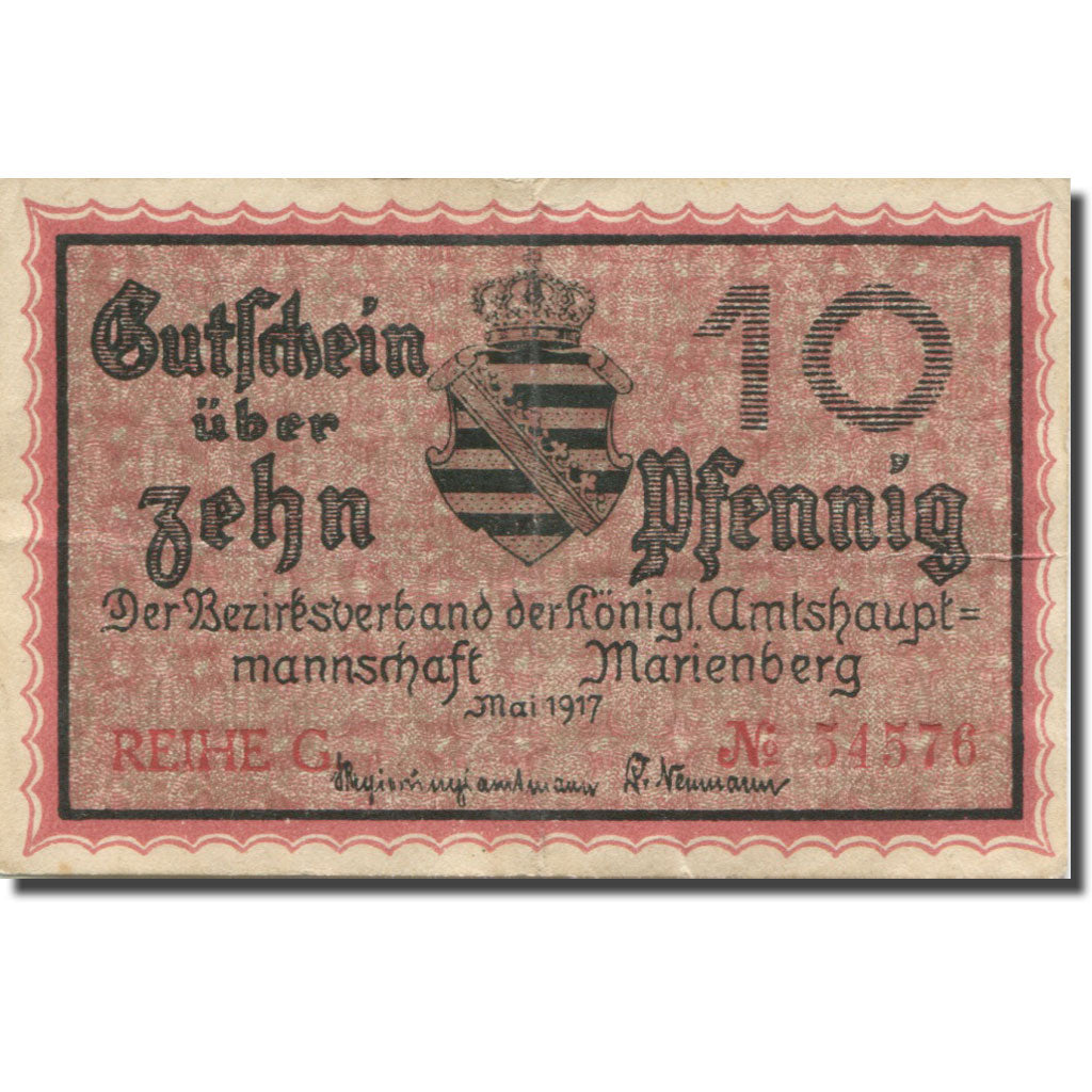 Banknote, Germany, Marienberg, 10 Pfennig, Blason, 1918, EF(40-45) Mehl:M 8.1a