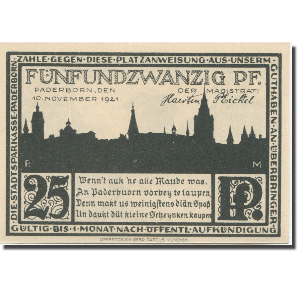 Banknote, Germany, Paderborn, 25 Pfennig, maison 1, 1921 UNC(63) Mehl:1043.4