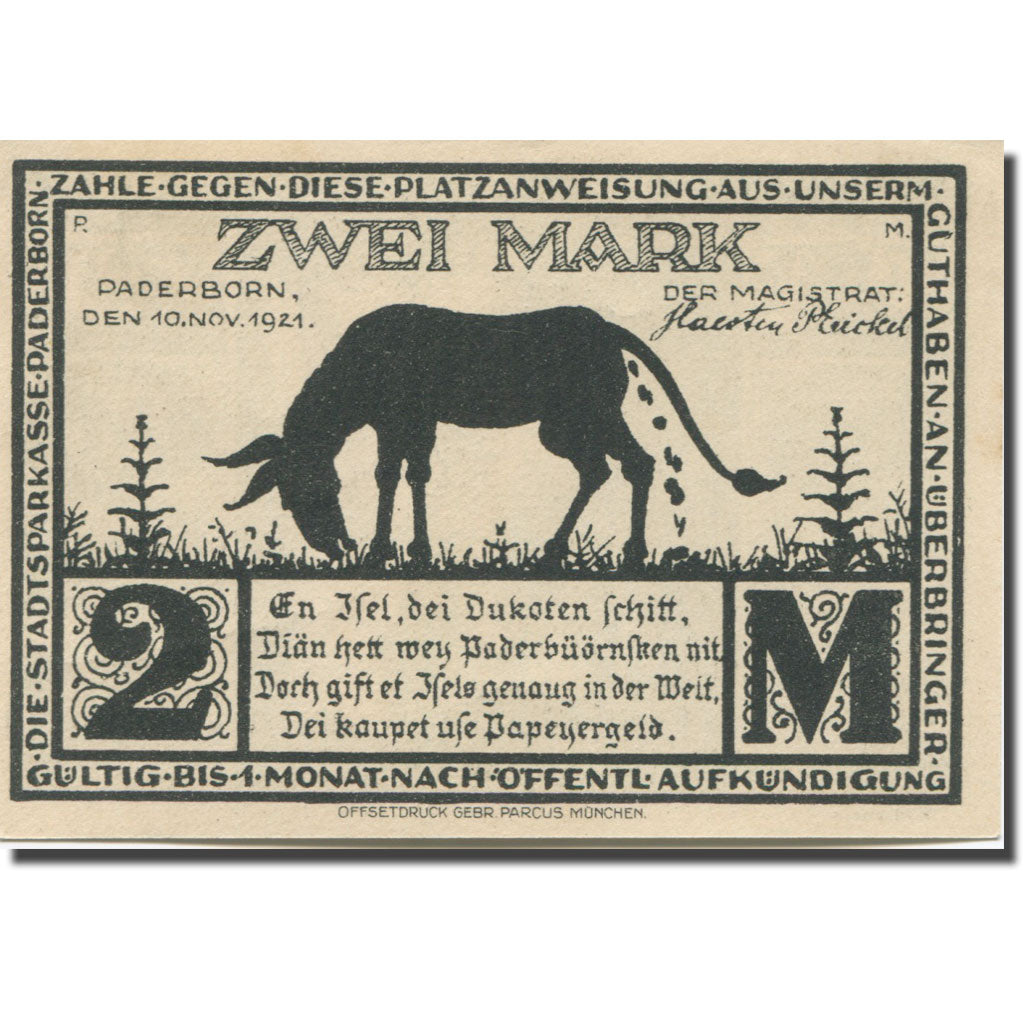 Banknote, Germany, Paderborn, 2 Mark, âne, 1921 UNC(63) Mehl:1043.4