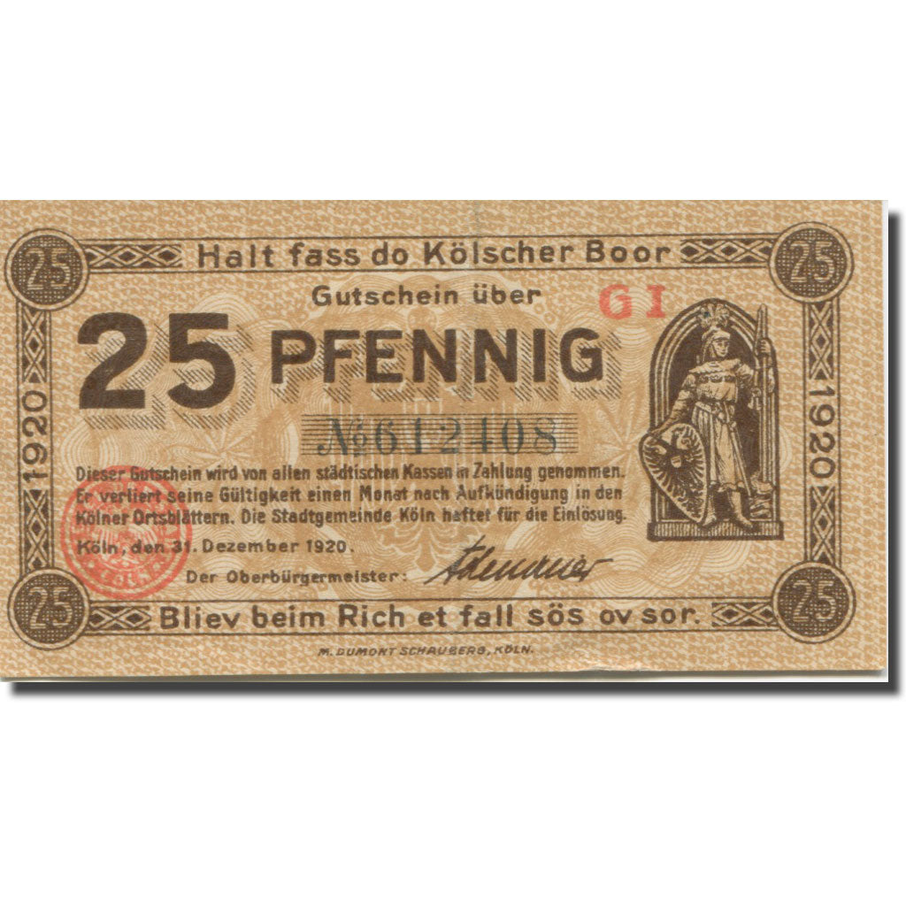 Banknote, Germany, Köln, 25 Pfennig, cathédrale, 1920 EF(40-45) Mehl:K30.14b