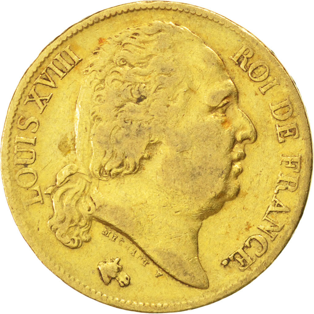 Louis XVIII, 20 Francs or buste nu 1818 Paris, KM 712.1