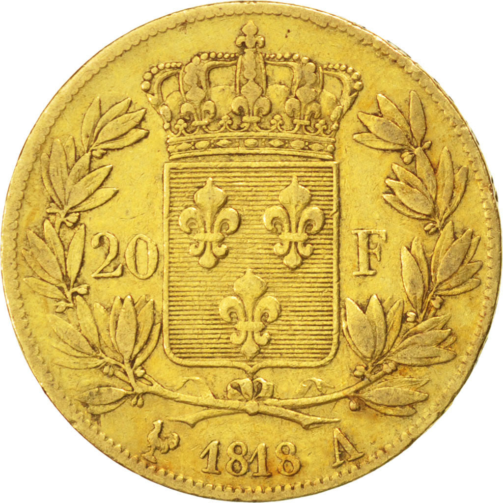 Louis XVIII, 20 Francs or buste nu 1818 Paris, KM 712.1