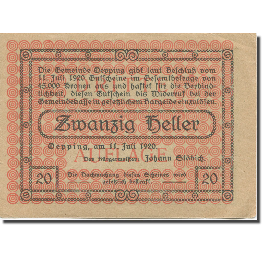 Banknote, Austria, öpping, 20 Heller, Blason, 1920, AU(55-58) Mehl:710Ia