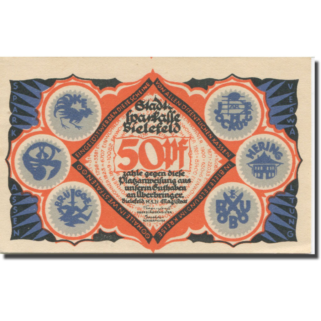 Geldschein, Deutschland, Bielefeld, 50 Pfennig, personnage, 1921UNZ- Mehl:103.5a
