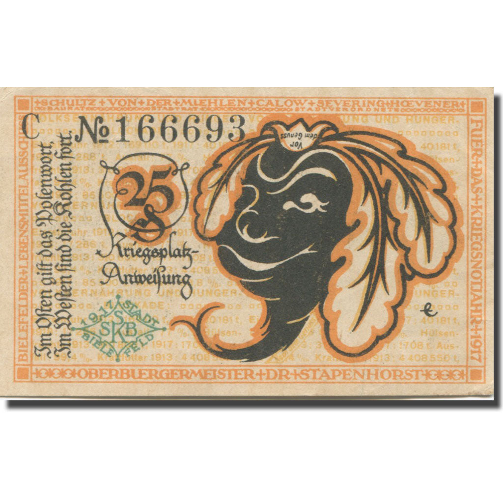 Banknote, Germany, Bielefeld, 25 Pfennig, Fleur, 1921, UNC(63) Mehl:B44.9b