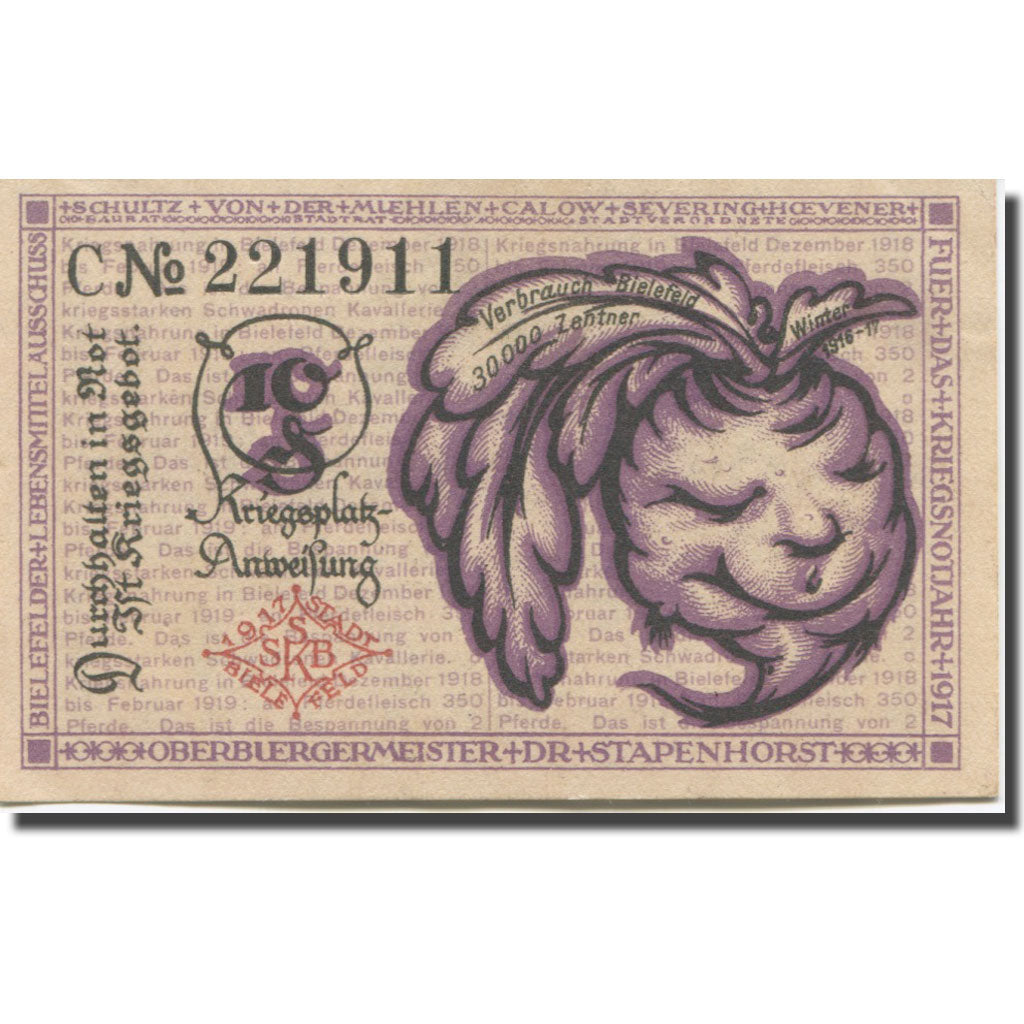 Banknote, Germany, Bielefeld, 10 Pfennig, légumes, 1921 UNC(63) Mehl:B44.9a