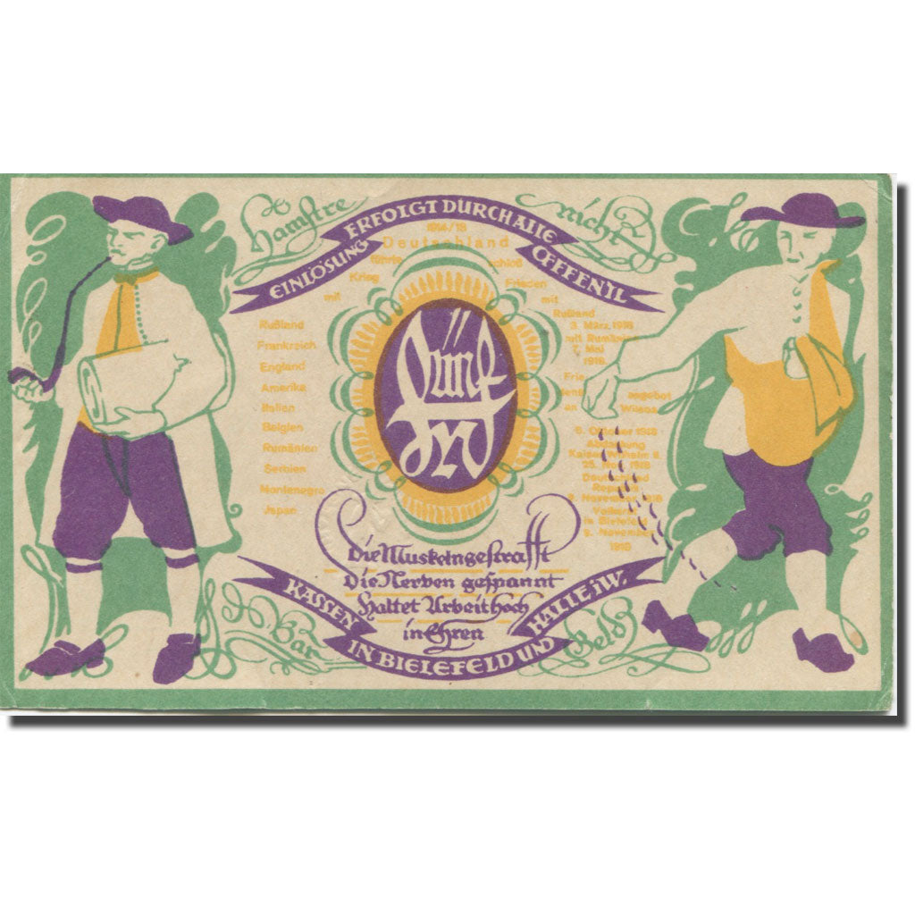 Banknote, Germany, Bielefeld, 5 Pfennig, personnage, AU(55-58), Mehl:O46.16i