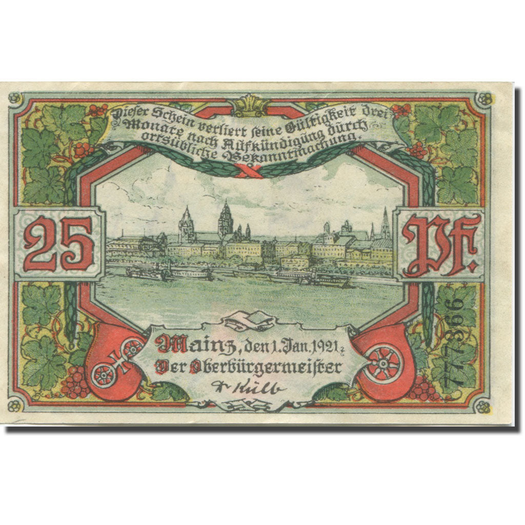 Banknote, Germany, Mainz, 25 Pfennig, cathédrale, 1921 UNC(63) Mehl:800.1a