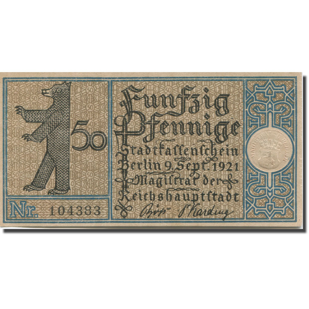 Banknote, Germany, Berlin, 50 Pfennig, bateau, 1921-09-09, UNC(63) Mehl:92.1