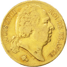 Francia, Louis XVIII, Louis XVIII, 20 Francs, 1820, Paris, MB+, Oro, KM:712.1...