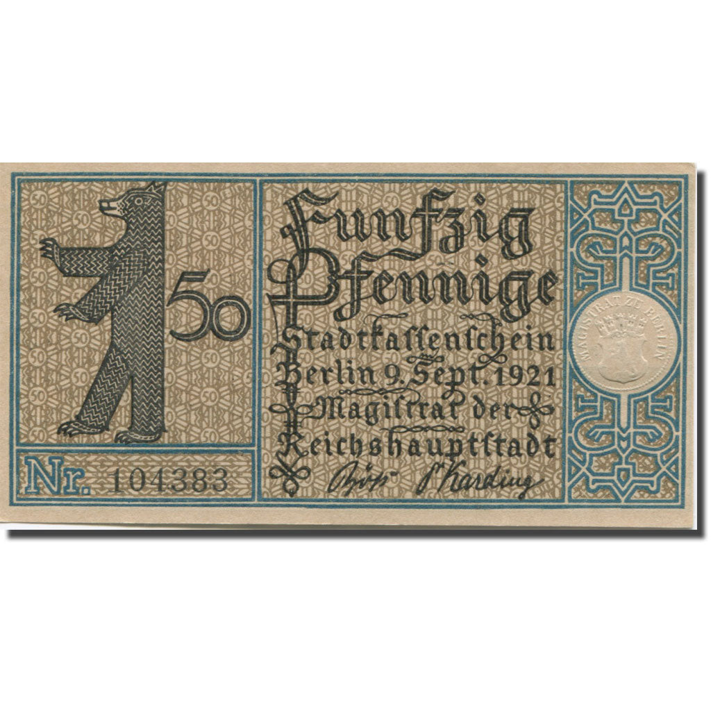 Banknote, Germany, Berlin, 50 Pfennig, Port 1921-09-09, UNC(63) Mehl:92.1