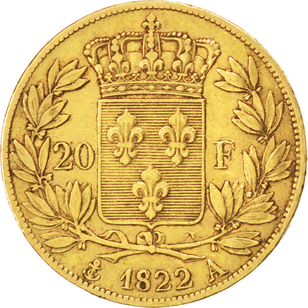 FRANCE, Louis XVIII, 20 Francs, 1822, Paris, KM #712.1, EF(40-45), Gold,...